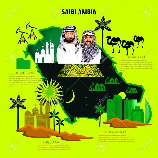 Szaúd-Arábia infographics. Látnivalók, kultúra, hagyományok, térkép, emberek. Szaúd-Arábia sablon elemei