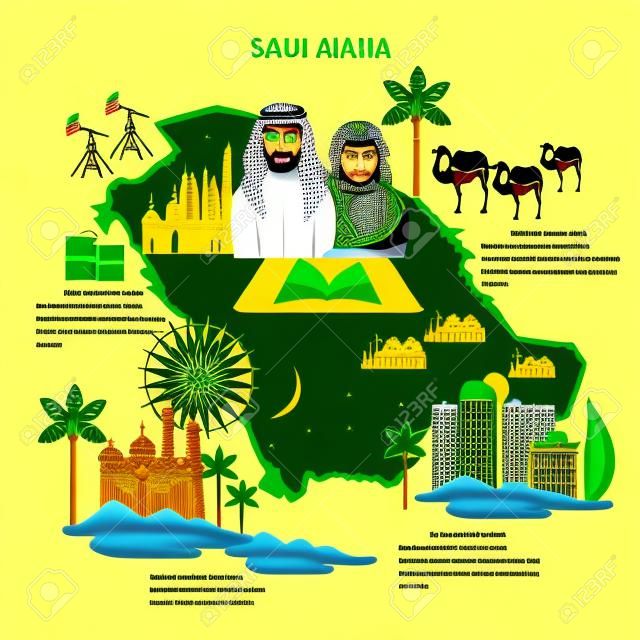 Szaúd-Arábia infographics. Látnivalók, kultúra, hagyományok, térkép, emberek. Szaúd-Arábia sablon elemei