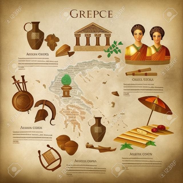 Infografiken aus dem antiken Griechenland und dem antiken Rom. Sehenswürdigkeiten, Kultur, Traditionen, Karte, alte Griechen. Vorlagenelemente