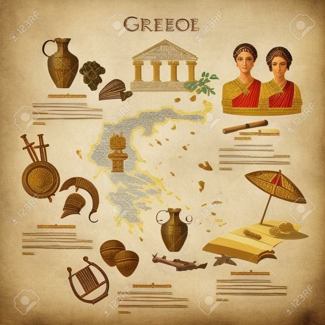 Ancient Greece and Ancient Rome infographics. sights, culture, traditions, map, ancient greece people. Template elements