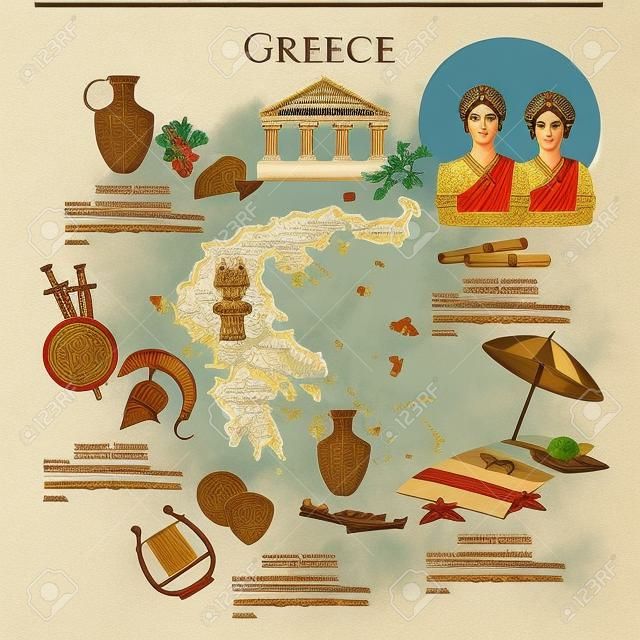 Antik Yunan ve Eski Roma infographics. Manzaralar, kültür, gelenekler, harita, antik yunanistan insanlar. Şablon elemanları