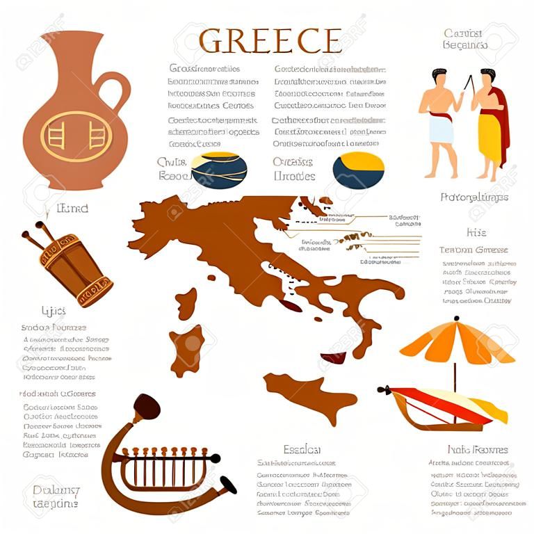 Antik Yunan ve Eski Roma infographics. Manzaralar, kültür, gelenekler, harita, antik yunanistan insanlar. Şablon elemanları