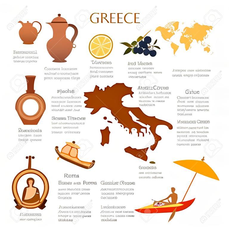 Infografica antica Grecia e antica Roma. luoghi, cultura, tradizioni, mappa, gente greca antica. Elementi del modello