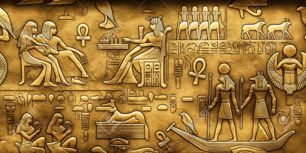 Dei egiziani e faraoni modello senza saldatura. Murales antico Egitto modello senza saldatura. Sculture geroglifiche sulle pareti esterne di un antico modello egiziano
