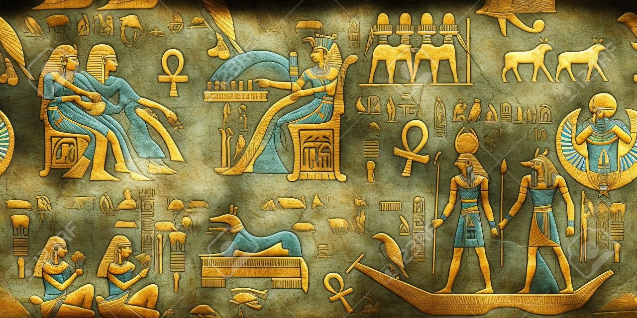 エジプトの神々 とファラオのシームレスなパターン。壁画古代エジプト シームレス パターン。古代エジプト パターンの外壁に象形文字の彫刻