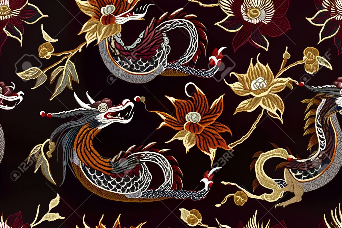 자 수 용와 꽃 원활한 패턴입니다. 클래식 자 수 아시아 용과 아름 다운 빈티지 꽃 원활한 패턴입니다. 중국 용 벡터