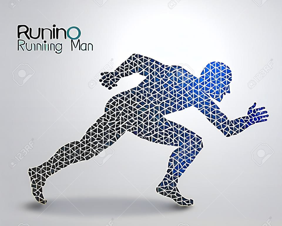 Silhouette di un uomo che corre dal triangolo. Testo e sfondo su un livello separato, il colore può essere modificato in un clic