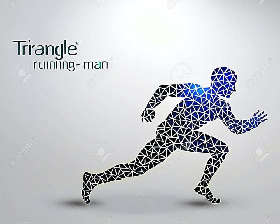 Silhouette di un uomo che corre dal triangolo. Testo e sfondo su un livello separato, il colore può essere modificato in un clic