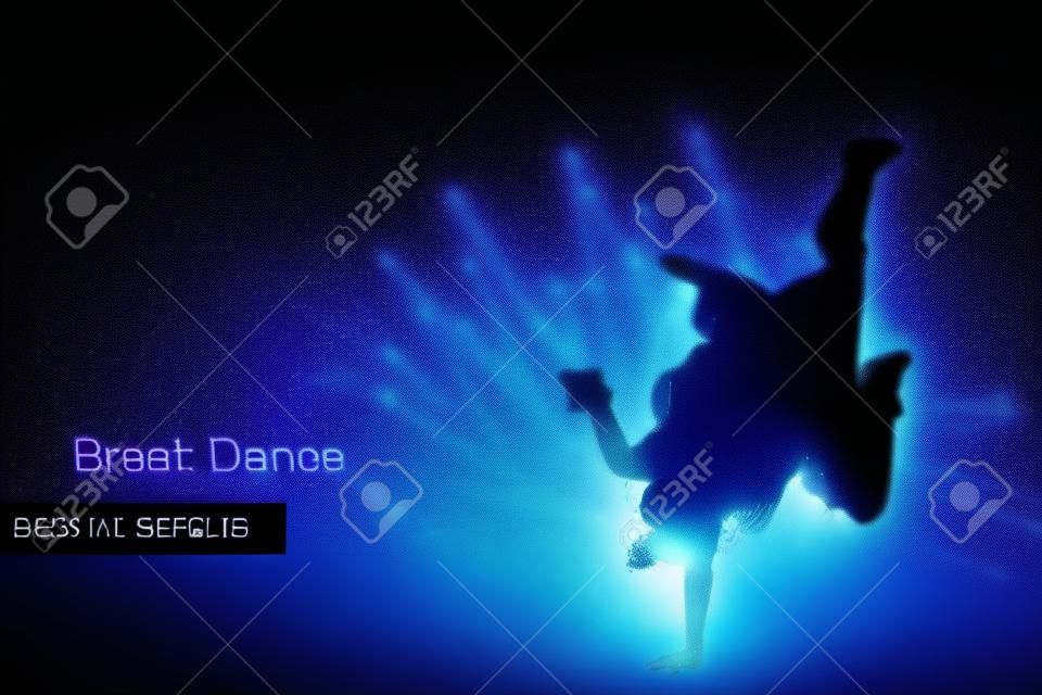 Silhouette of a break dancer from particles. Background and text on a separate layer, color can be changed in one click.