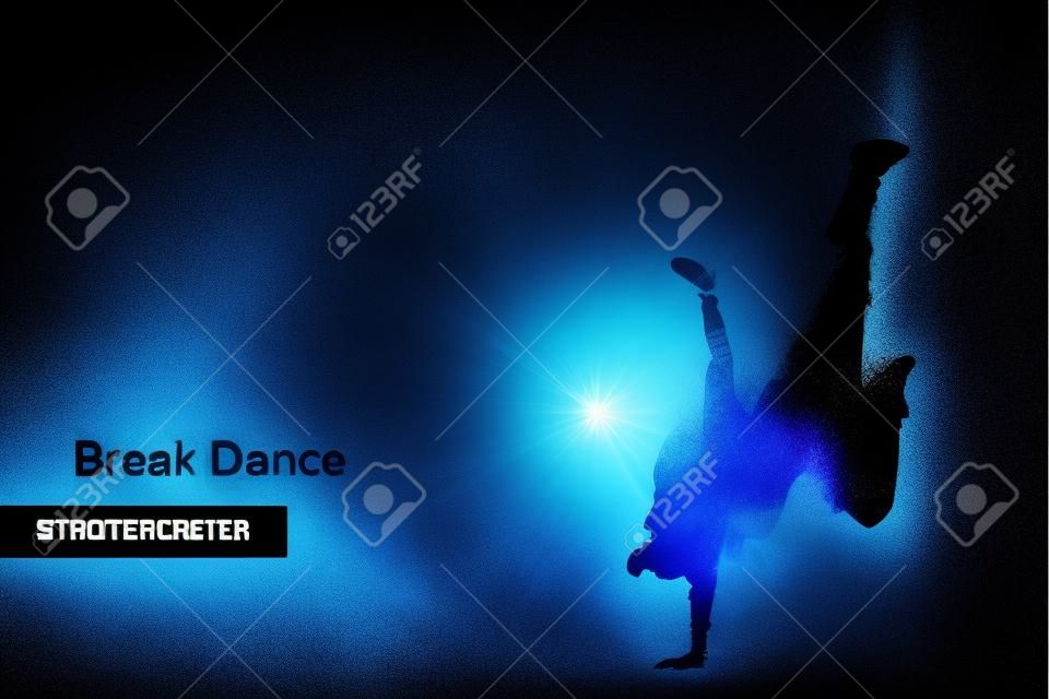 Silhouette of a break dancer from particles. Background and text on a separate layer, color can be changed in one click.