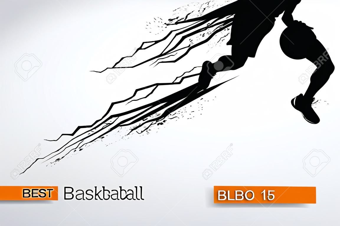 Silhouet van een basketbalspeler. Achtergrond en tekst op een aparte laag, kleur kan worden gewijzigd in één klik. Vector illustratie