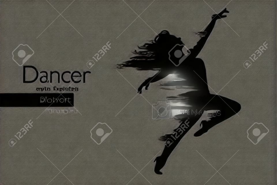 Silhouette of a dancing girl. Background and text on a separate layer, color can be changed in one click. Vector illustration