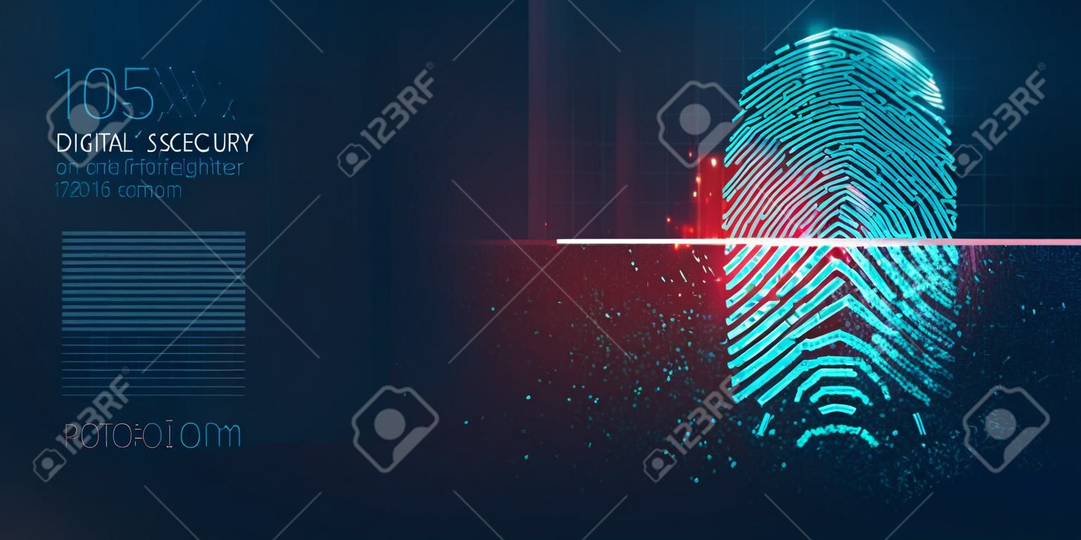 Konzept der digitalen Sicherheit, elektronischer Fingerabdruck auf dem Scanbildschirm. Low-Poly-Draht Umriss geometrische Vektorillustration. Partikel, Linien und Dreiecke auf blauem Hintergrund. Neonlicht.