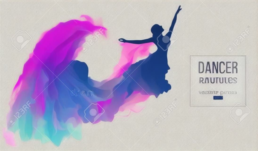 Siluetta astratta di una ragazza dencing, donna, ballerina sullo sfondo bianco da particelle. Danza classica e moderna. Lo sfondo può essere cambiato in qualsiasi altro. Illustrazione vettoriale