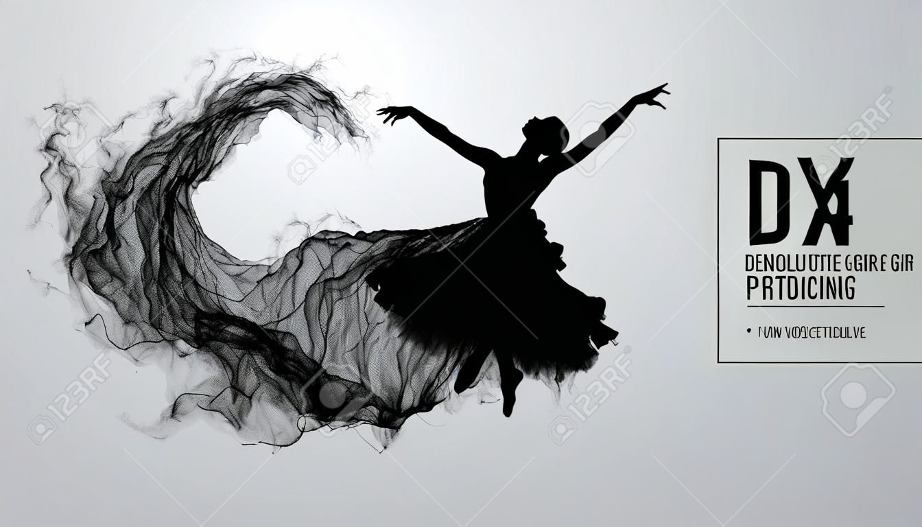 Siluetta astratta di una ragazza dencing, donna, ballerina sullo sfondo bianco da particelle. Danza classica e moderna. Lo sfondo può essere cambiato in qualsiasi altro. Illustrazione vettoriale