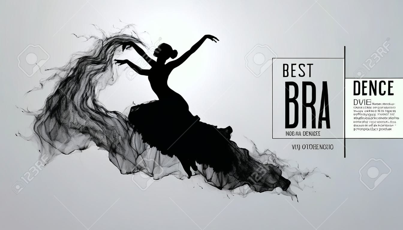 Abstract silhouette of a dencing girl, woman, ballerina on the white background from particles. Ballet and modern dance. Background can be changed to any other. Vector illustration