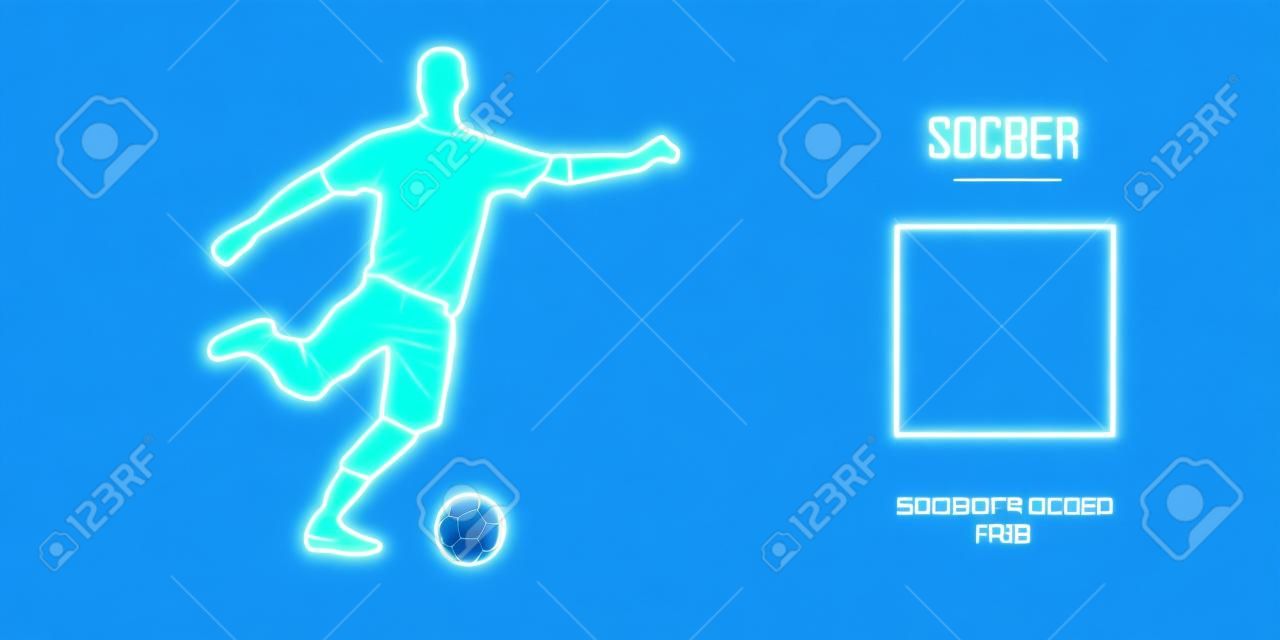Abstract soccer player, footballer from particles on blue background. Low poly neon wireframe outline football player