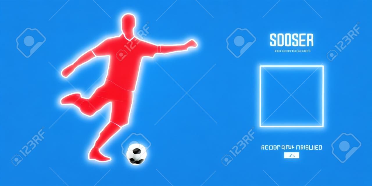 Abstract soccer player, footballer from particles on blue background. Low poly neon wireframe outline football player