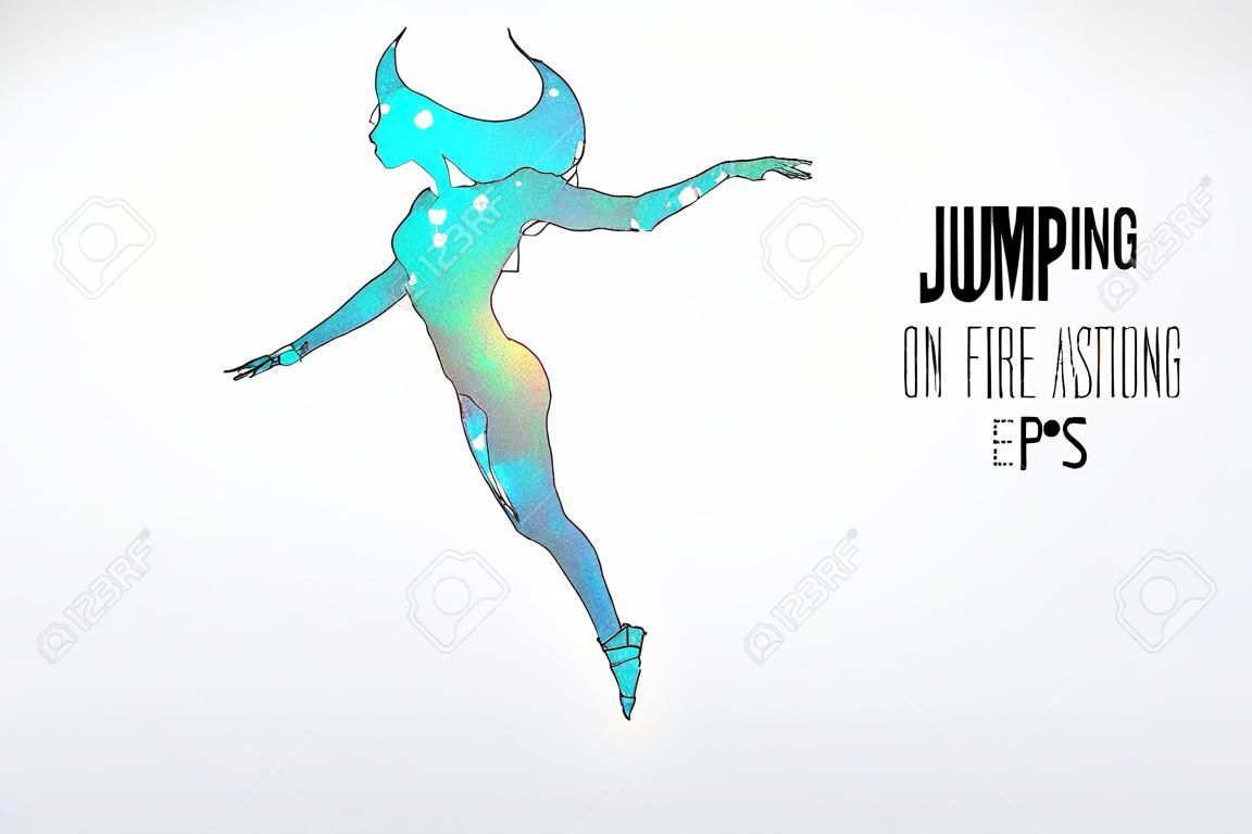 Abstract silhouet van een wireframe springen vrouw. Mensen in een sprong symboliseren vrijheid. Vrouw van deeltjes op de witte achtergrond. Handige organisatie van eps bestand. Vector. Bedankt voor het kijken