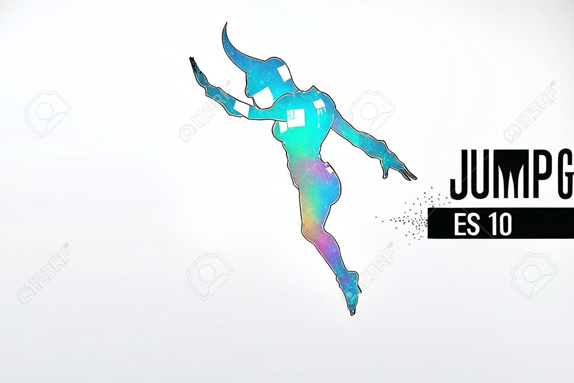 Abstract silhouet van een wireframe springen vrouw. Mensen in een sprong symboliseren vrijheid. Vrouw van deeltjes op de witte achtergrond. Handige organisatie van eps bestand. Vector. Bedankt voor het kijken