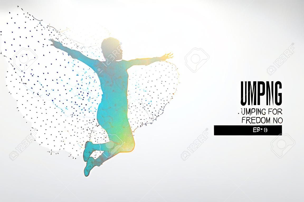 Abstract silhouette of a wireframe jumping woman. People in a jump symbolize freedom. Woman from particles on the white background. Convenient organization of eps file. Vector. Thanks for watching