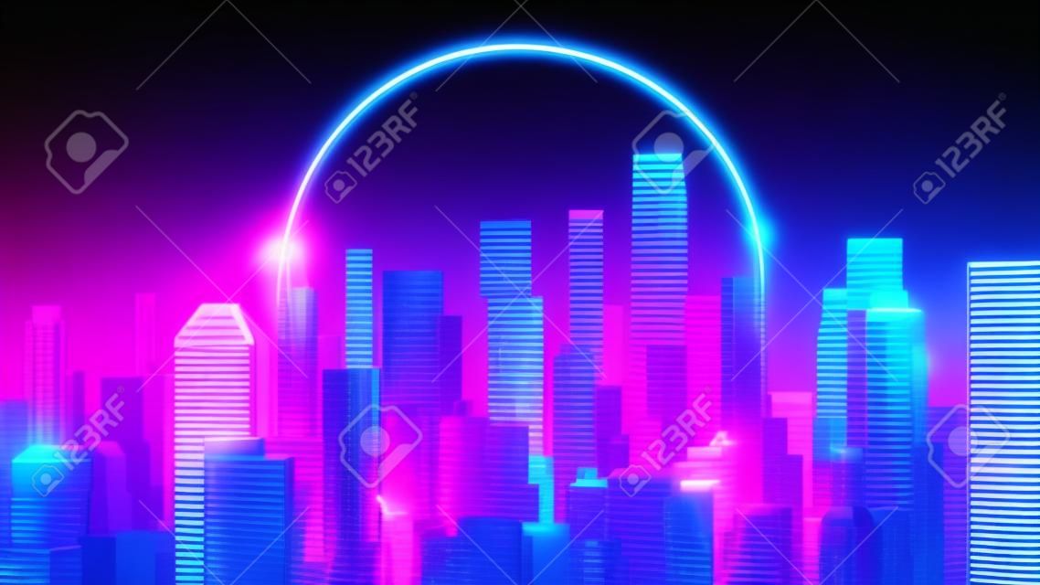 Illustrazione di rendering 3D di sfondo astratto paesaggio urbano futuristico retrò. Stile Vaporwave, retrowave o synthwave con luce al neon con cornice circolare blu e viola.