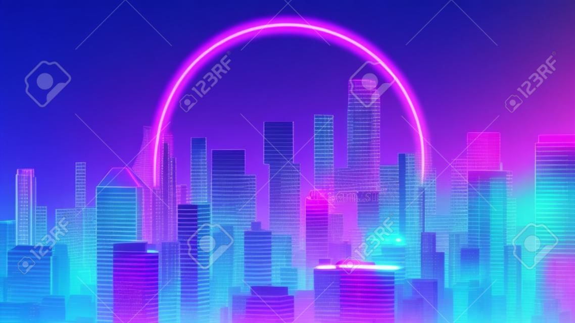 Retro futurystyczny pejzaż miejski streszczenie tło ilustracja renderowania 3d. styl vaporwave, retrowave lub synthwave z neonowym światłem niebieskiej i fioletowej ramki koła.