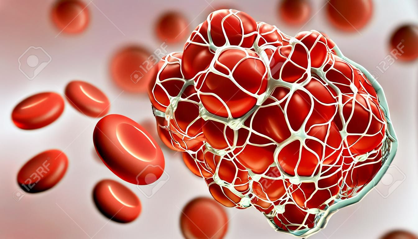 Zbliżenie skoagulowanego skrzepu czerwonych krwinek uwikłanych w ilustrację renderowania fibryny 3d.