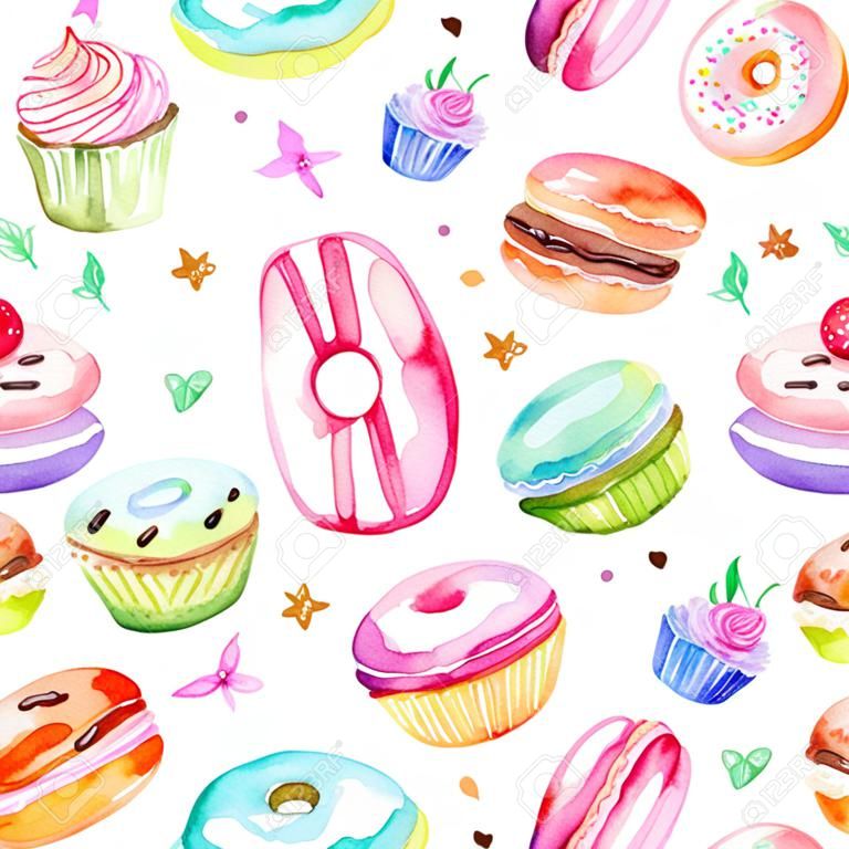 甜可口的水彩圖案的馬卡龍，蛋糕，甜甜圈。手繪背景。矢量插圖。