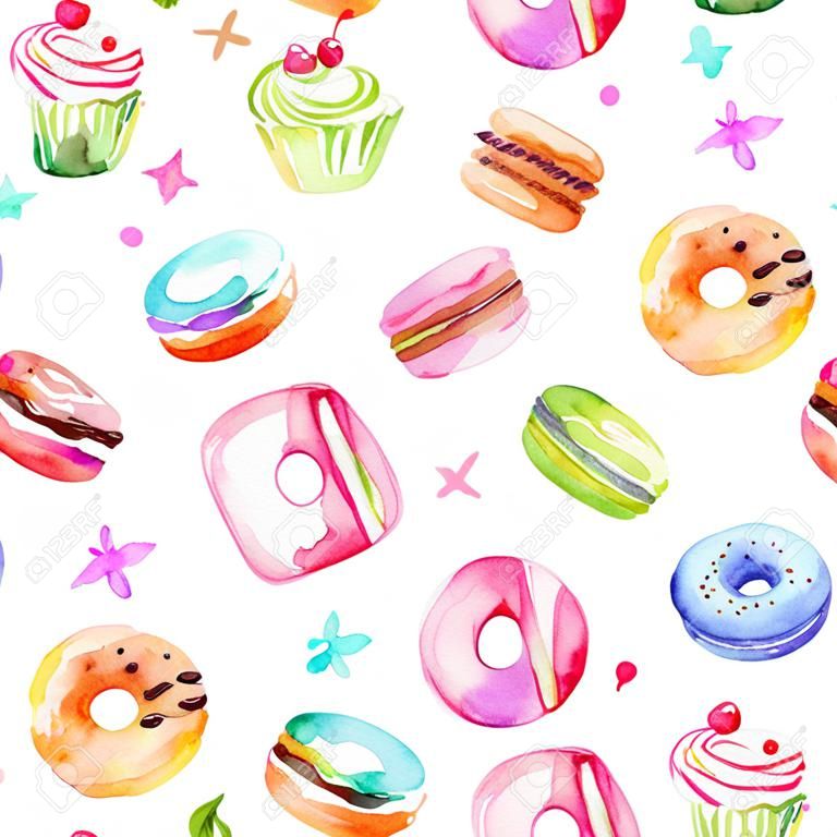 Sweet delicious watercolor pattern with macarons, cupcakes, donuts. Hand-drawn background. Vector illustration.