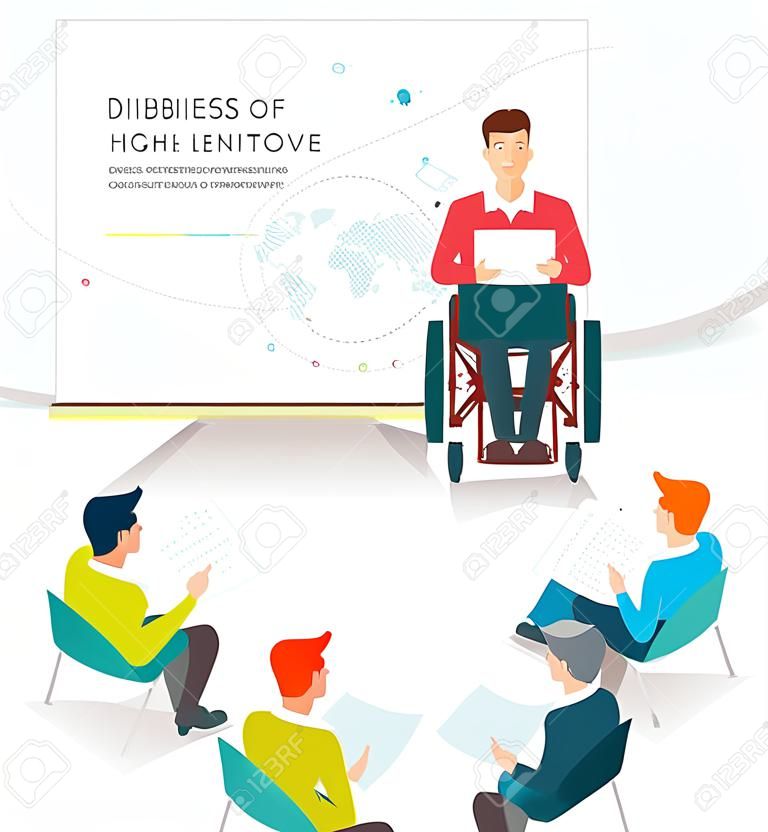 Concept of man with disabilities holding presentation. Disabled man read lecture. Conference. Vector flat illustration