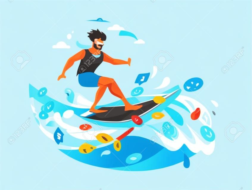 Concept in flat style with man surfing through internet. Business and news. Vector illustration.