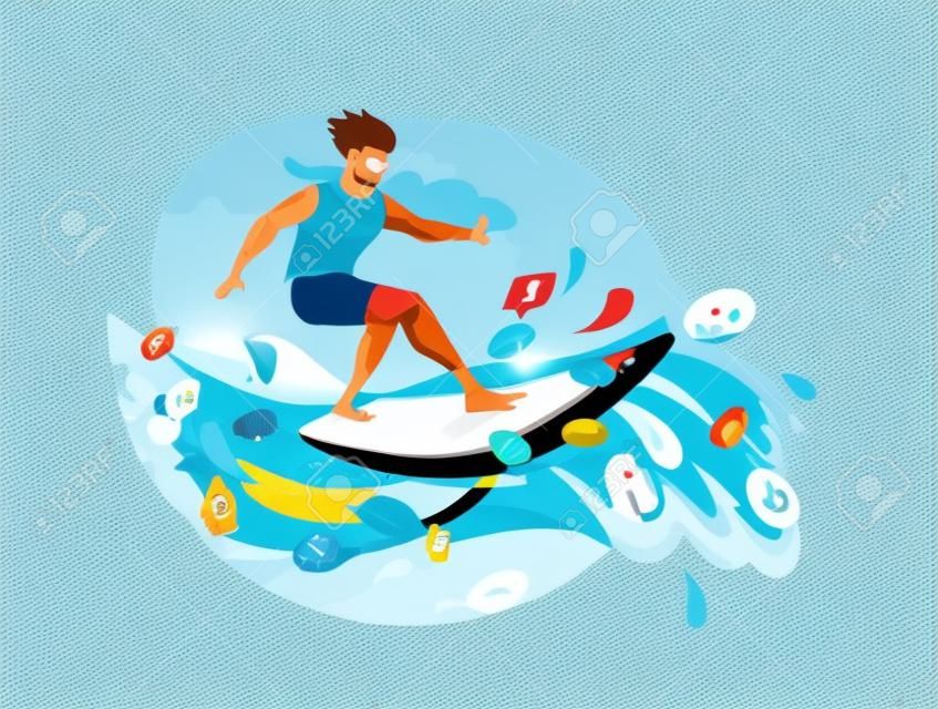 Concept in flat style with man surfing through internet. Business and news. Vector illustration.