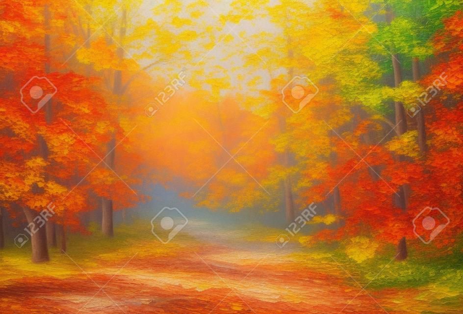 Oil painting landscape - colorful autumn forest, with the trail, with colorful leaves and blue sky, made in the style of impressionism, autumn; forest; outdoor; wallpaper
