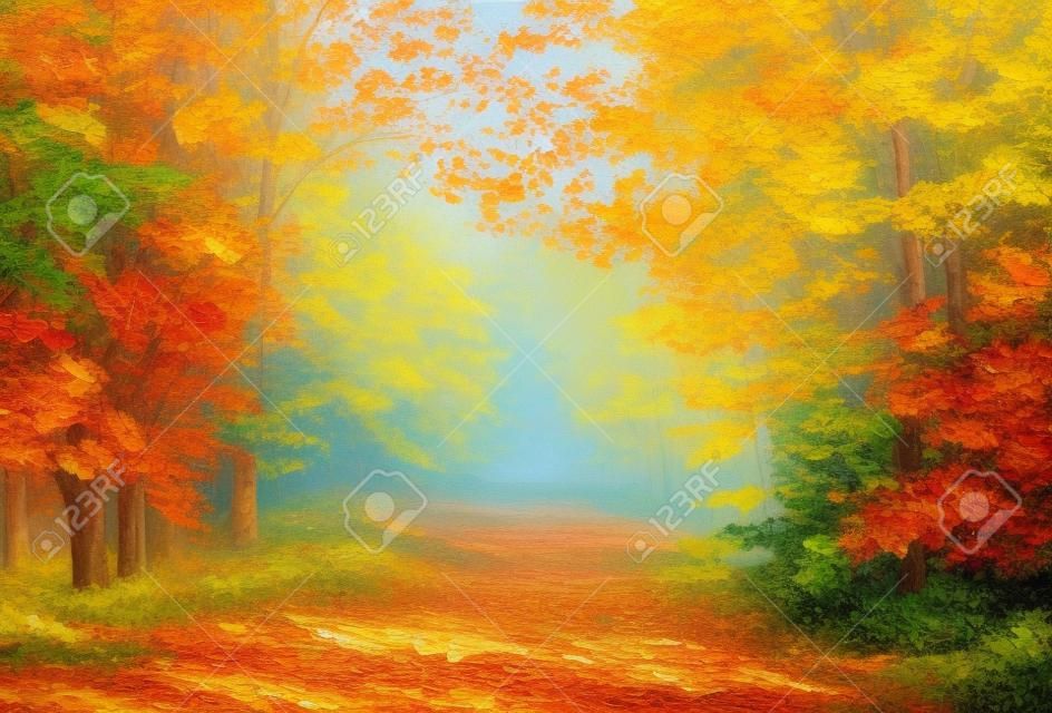 油画風景画-カラフルな秋の森、道、紅葉と青空、印象派のスタイルは、秋である;森林;屋外;壁紙