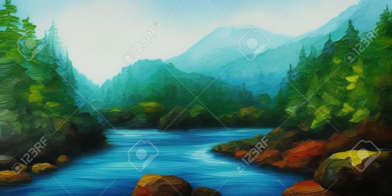 油畫 - 高山河流，岩石，森林，抽象繪畫，牆紙;樹;裝飾