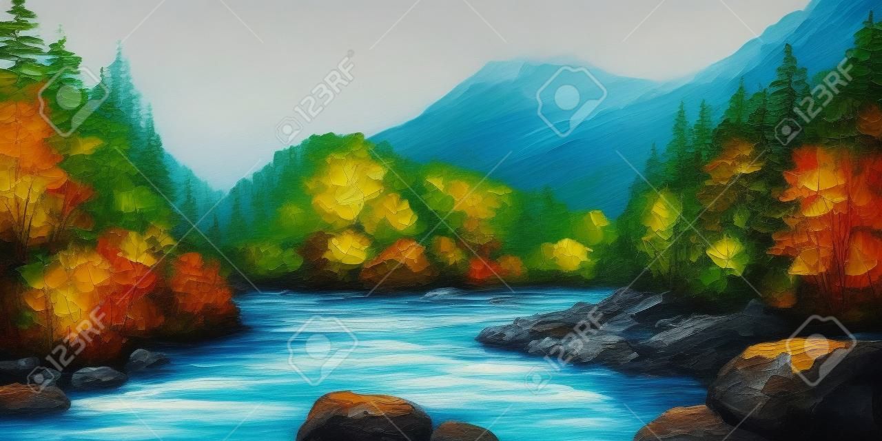 Ölgemälde - Berg Fluss, Felsen und Wald, abstrakte Zeichnung, Tapeten; Baum; Dekoration