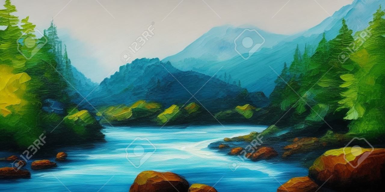Obraz olejny - górskiej rzeki, skały i las, abstrakcyjny rysunek, tapety; drzewo; dekoracja