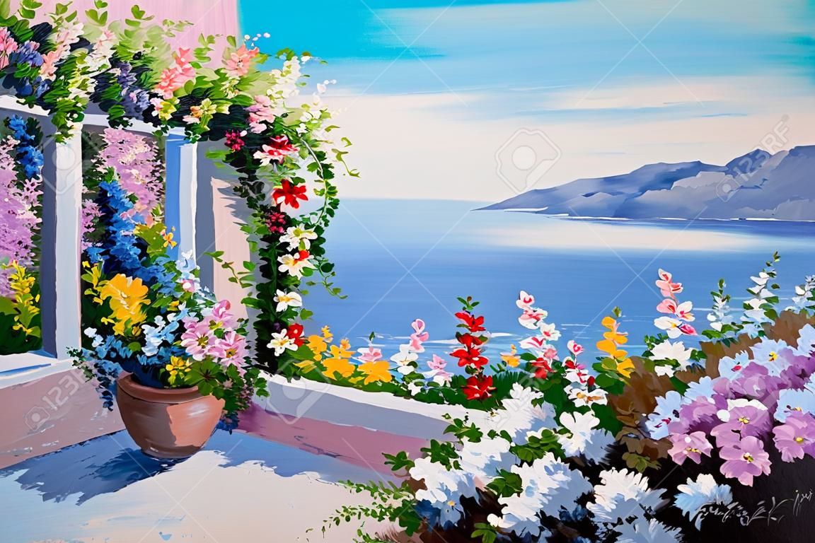 油絵・ デザイン海の近くの家フィールド;花;花