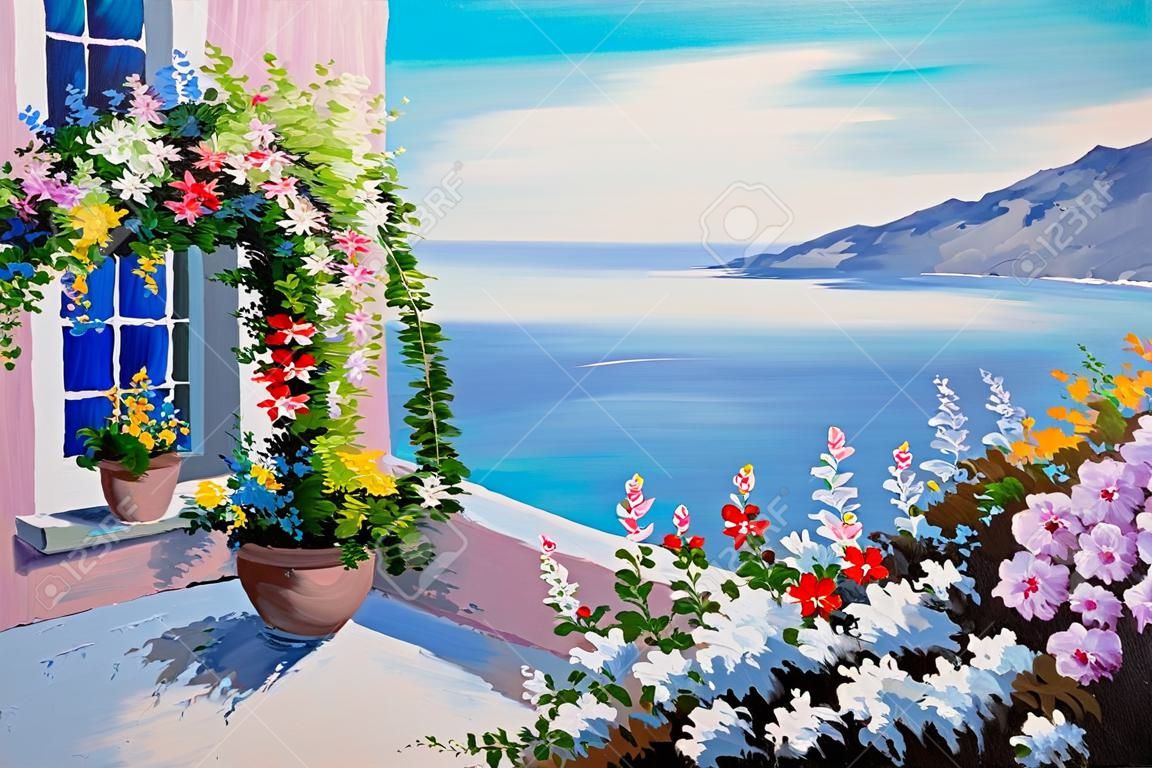 Картина маслом - дом у моря, дизайн; поля; цветочный; цветок