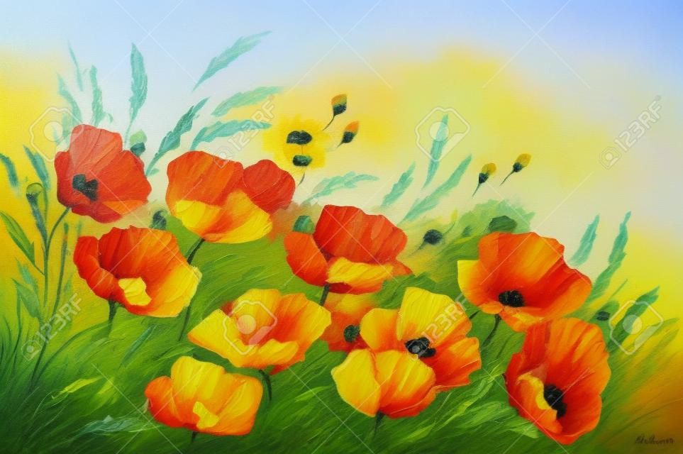 pittura ad olio - papaveri in campo, fiori, primavera