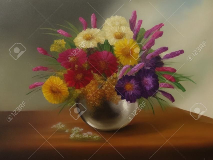 油畫 - 靜物，一束鮮花，野花