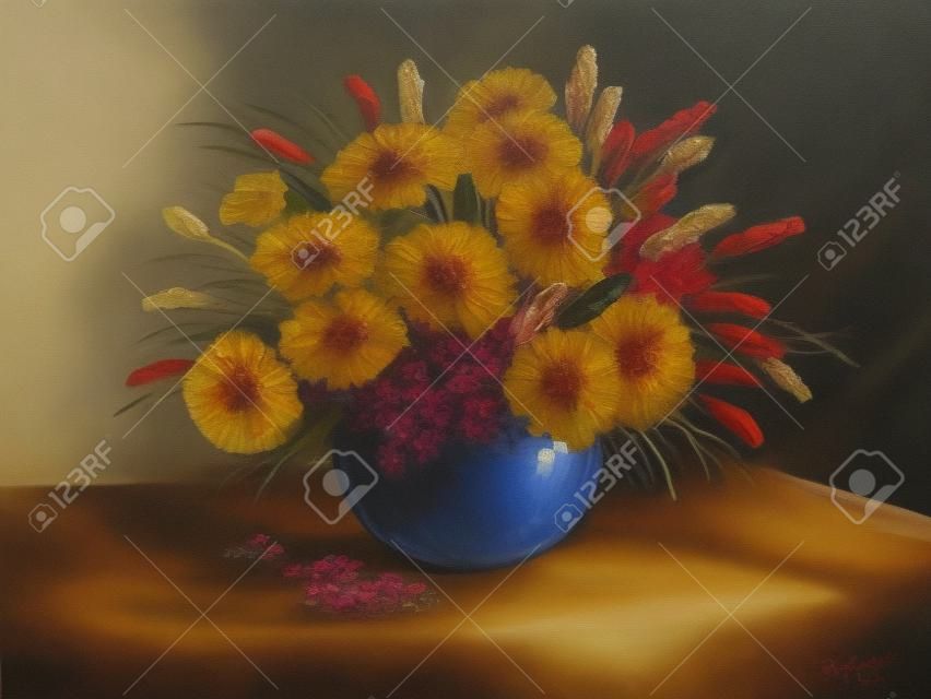 油畫 - 靜物，一束鮮花，野花