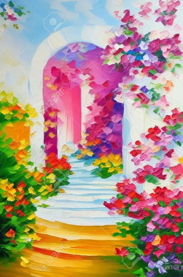 obraz olejny - taras letni, kolorowe kwiaty w ogrodzie, dom w Grecji