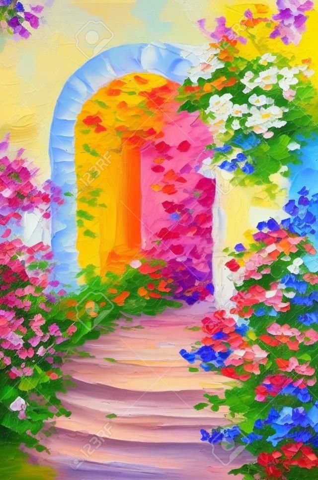 pintura a óleo - terraço de verão, flores coloridas em um jardim, casa na Grécia