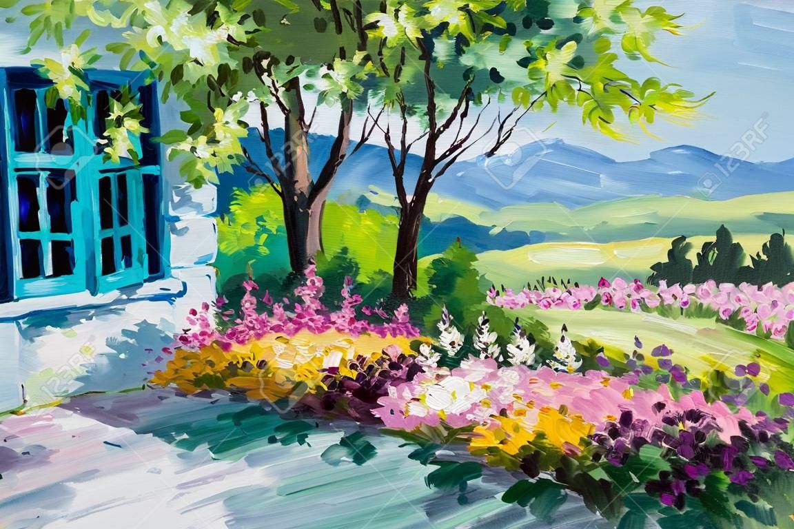 pittura a olio di paesaggio - giardino vicino alla casa, fiori variopinti, estate foresta