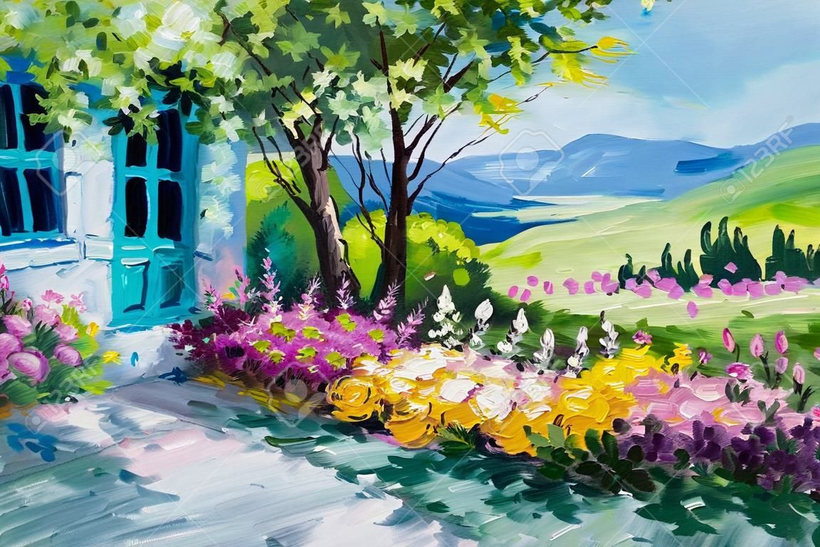 Ölbild Landschaft - Garten in der Nähe des Hauses, bunten Blumen, Sommer Wald