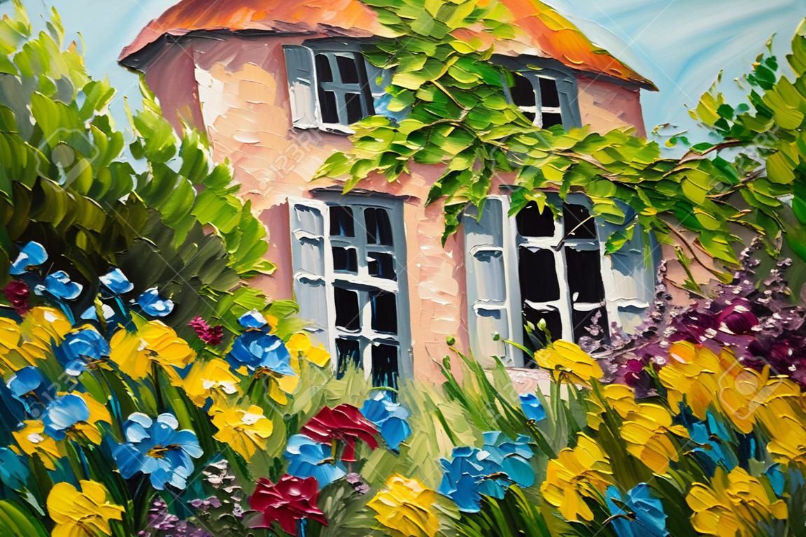 peinture à l'huile paysage, maison dans le jardin de fleurs, impressionisme abstrait