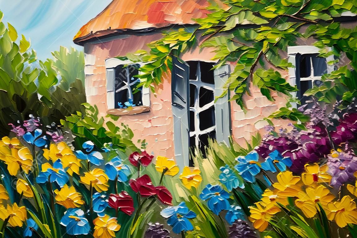 油畫風景，家在花園裡，抽象的印象派