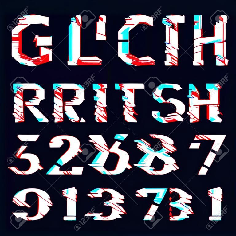 Glitch шрифт с искажением векторных букв и цифр, темный фон